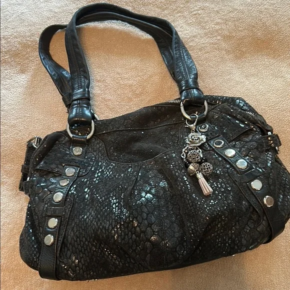 B. Makowsky Black Shoulder Bag with Silver Hardware - Picture 2 of 12